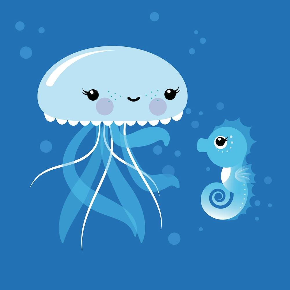 Best Friends Kawaii Jellyfish And Seahorse Square