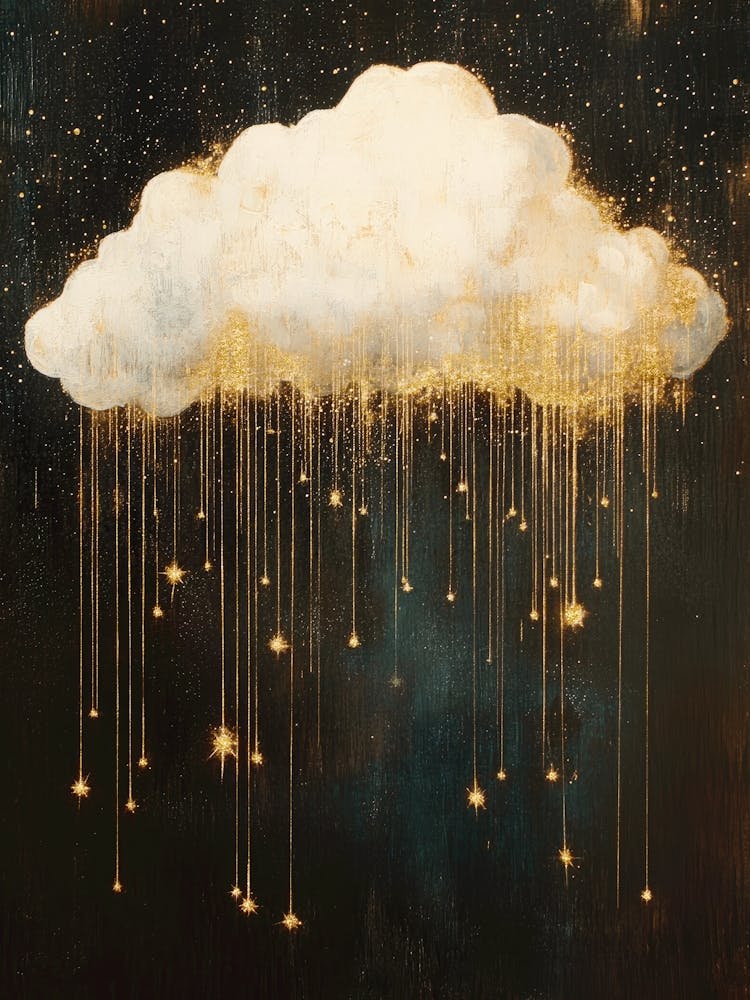 Golden rain from moody cloud painting in dark and warm gold tones in a minimalist luxe aesthetic, surreal celestial art in the style of Gustav Klimt ideal for bedrooms, luxe livng rooms, entryways, modern interiors 1
