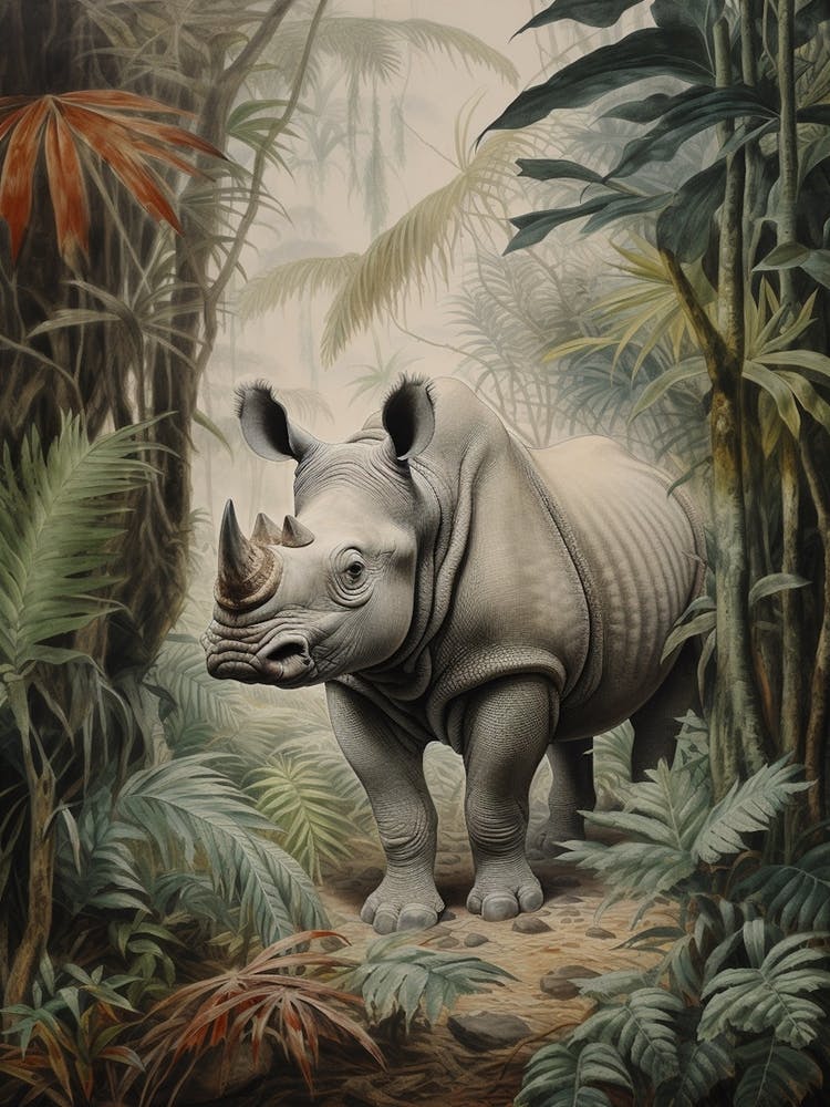 Rhinocéros Gris Marchant à Travers la Nature Feuillue 1