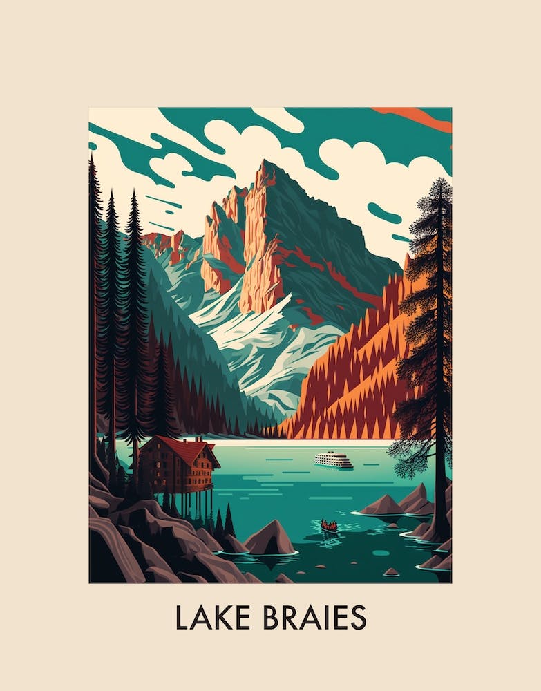 Lake Braies, Italy Vintage Travel Poster