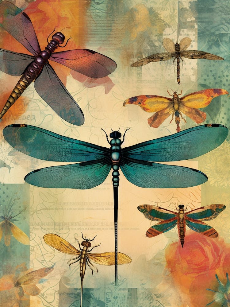 Dragonfly Collage Bright Colours 8