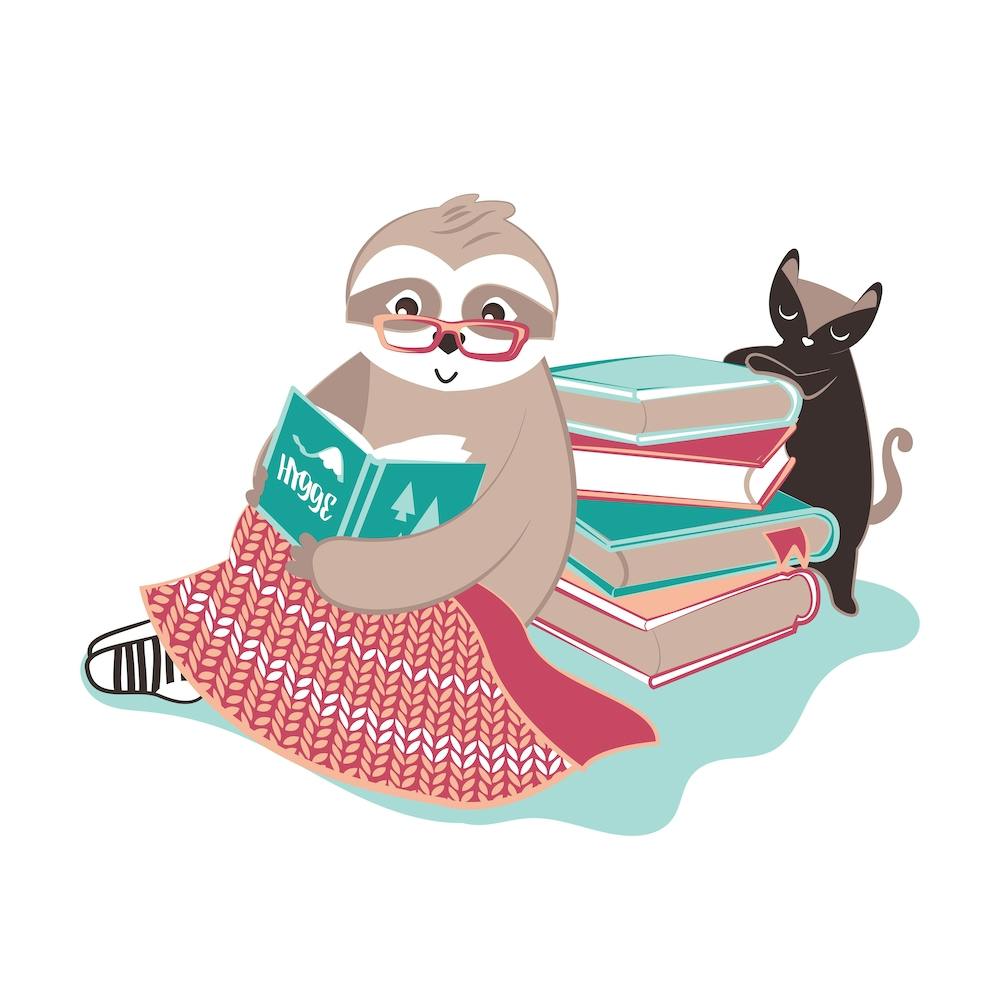Hygge sloth // winter cozy cute animal reading kids room nursery with cat