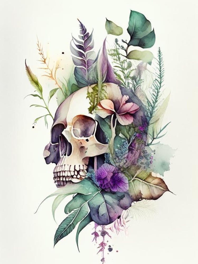 Skull With Watercolor Effects 2 Botanical