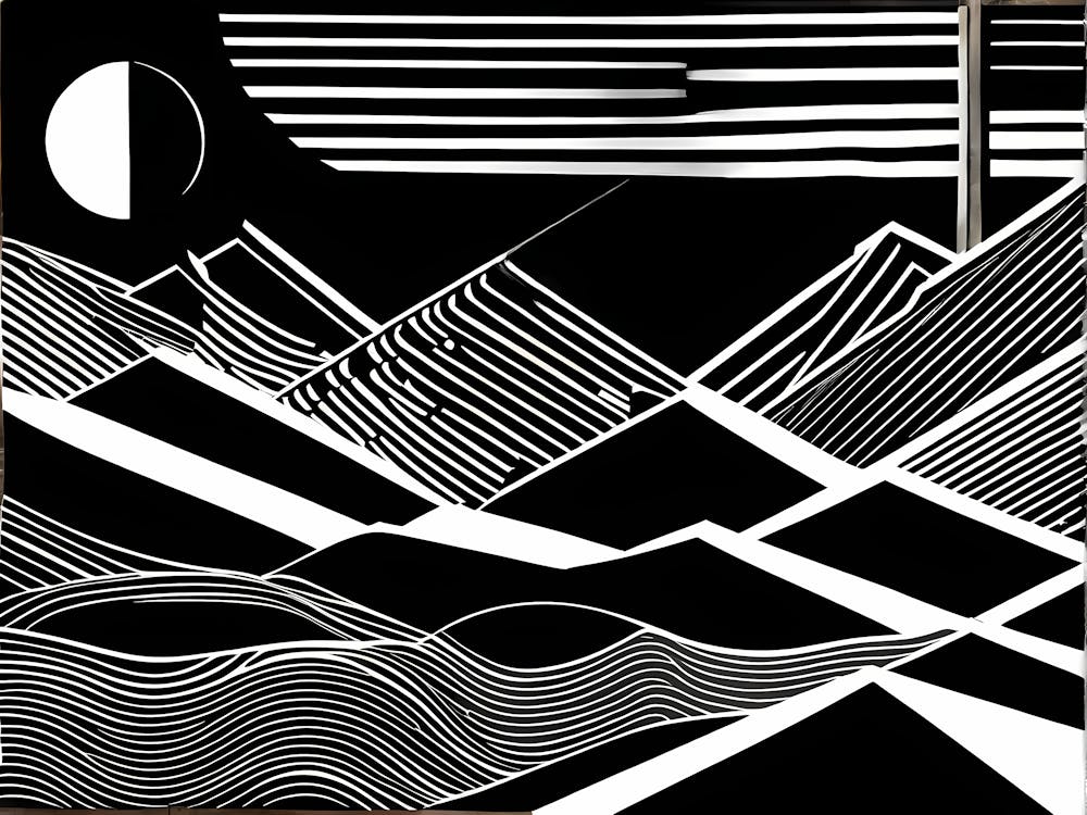 Retro Inspired Linocut Abstract Shapes Black And White Colors art, 223