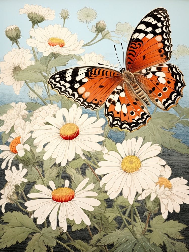Butterfly With The Daisies Japanese Style Painting