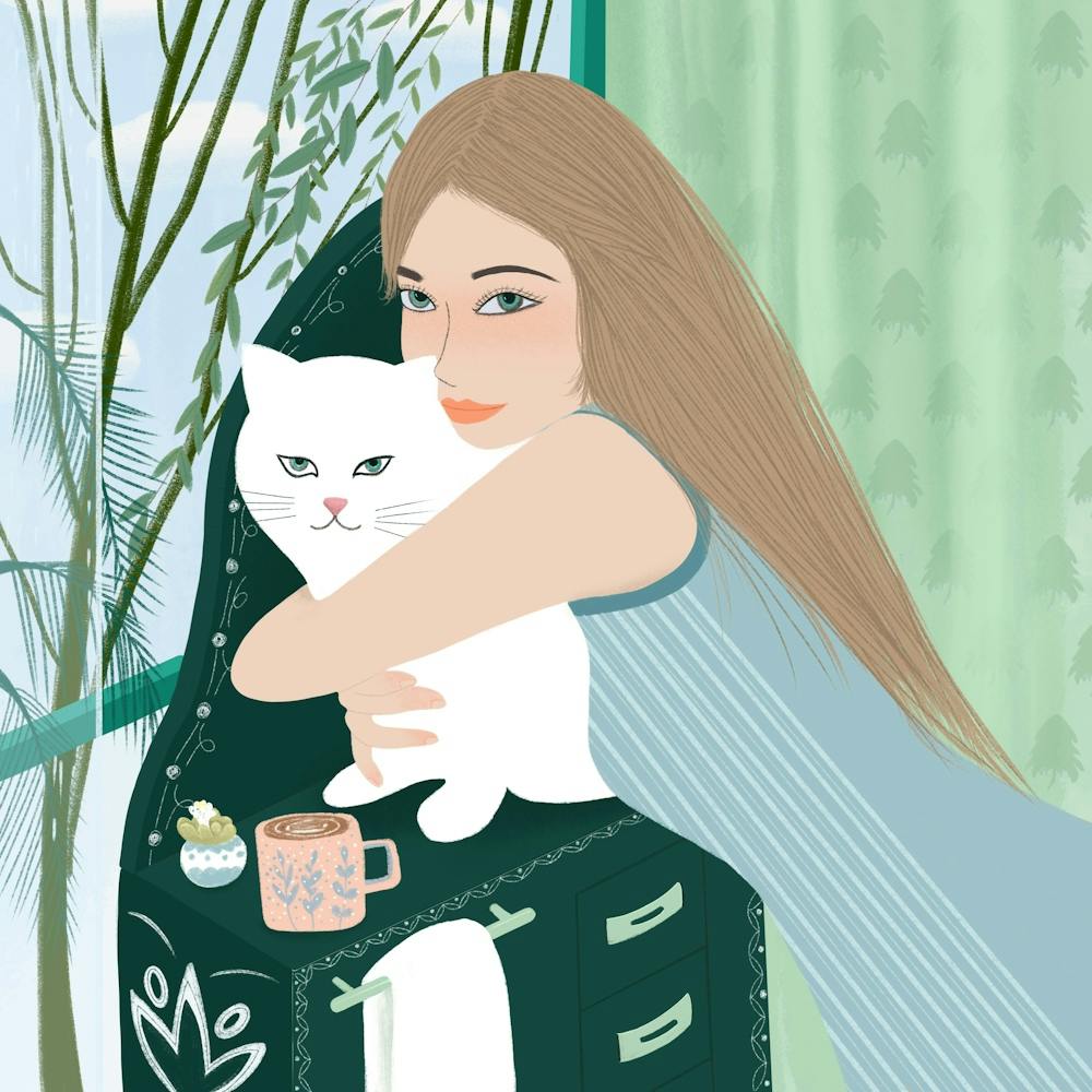 Green Girl With A White Cat Square