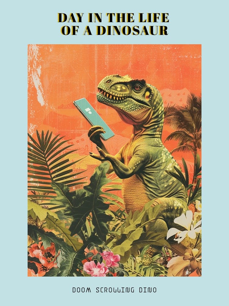 Dinosaur Holding A Smart Phone Retro Collage Poster