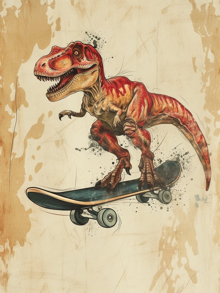 Vintage Velociraptor On A Skate Board