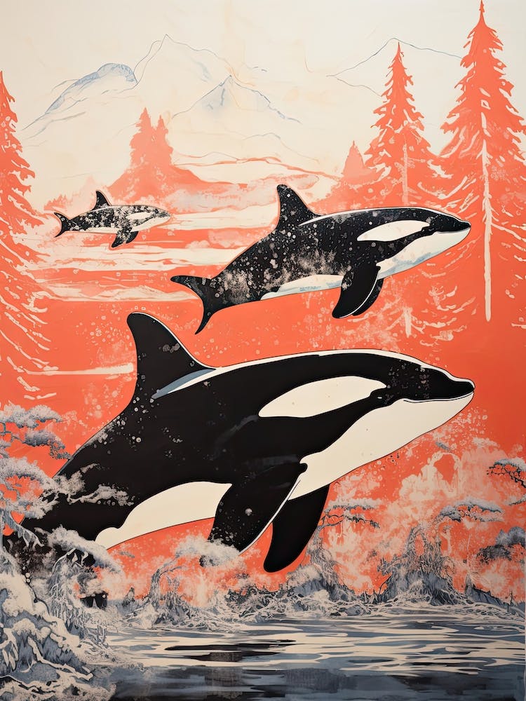 Orca, Woodblock Animal  Drawing 1