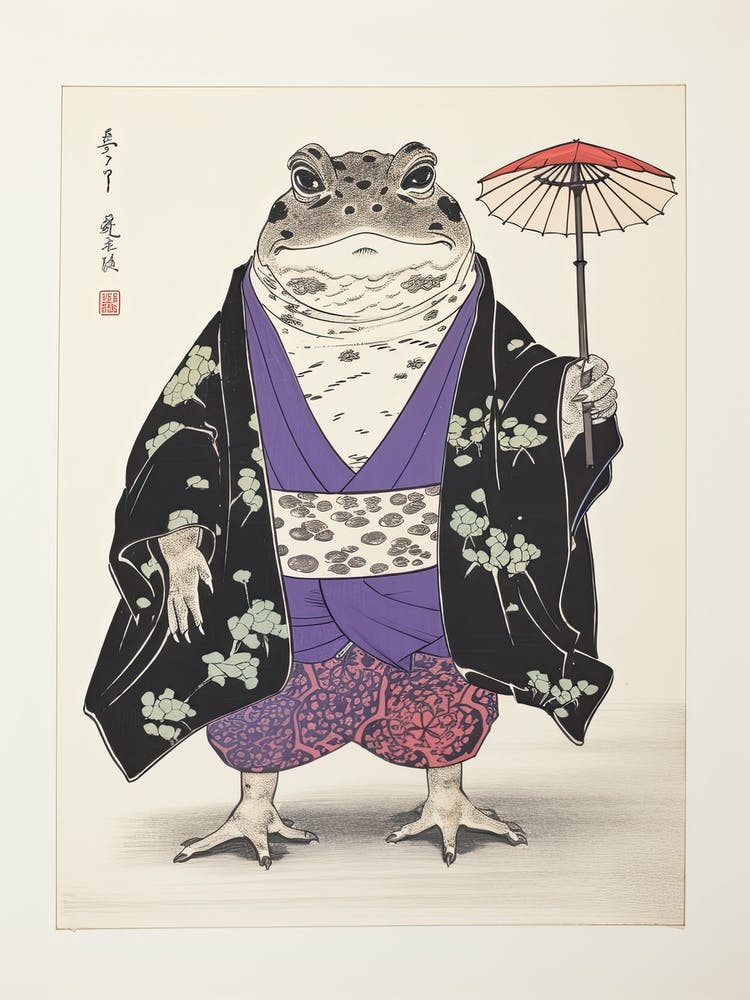 Frog Wearing A Kimono, Matsumoto Hoji Inspired Japanese Woodblock 2