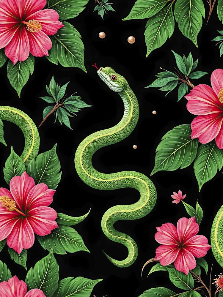 Tropical snakes and flowers - seamless floral art poster