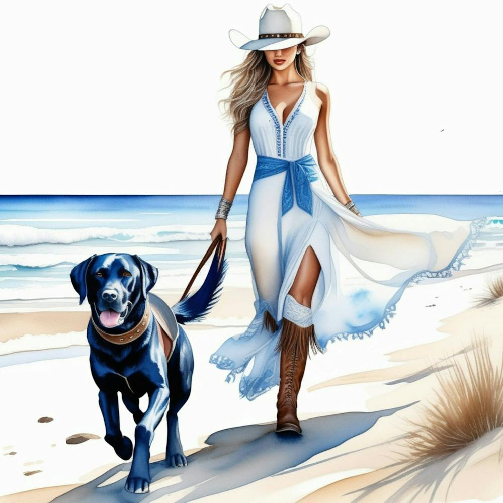Coastal Cowgirl on Beach with Dog 3
