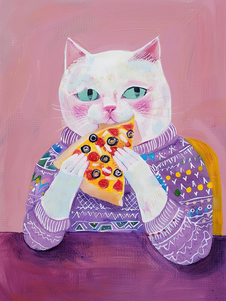 White Cat Eating Pizza Folk Illustration 1