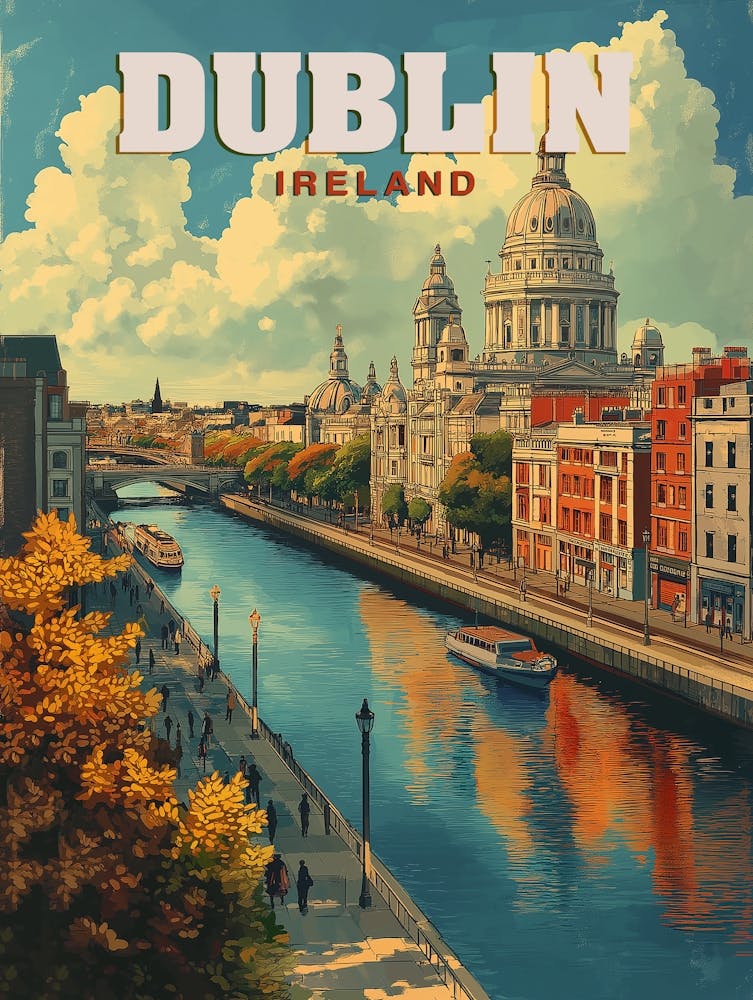 Dublin City Ireland - Retro Travel Poster