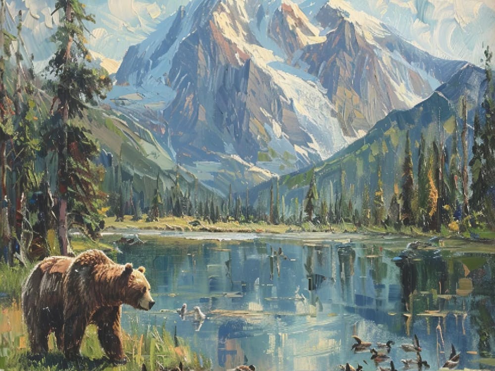 Alaskan Bear Painting, Landscape Art, Wall Art, Wildlife Home Decor, Nature Gift, Canvas Print, Mountain Art, Bear Art, Animal Painting