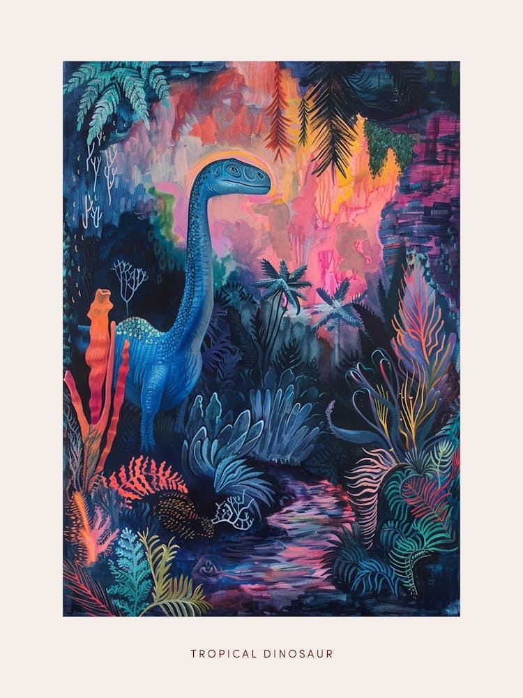 Colourful Tropical Cave Dinosaur Painting Poster