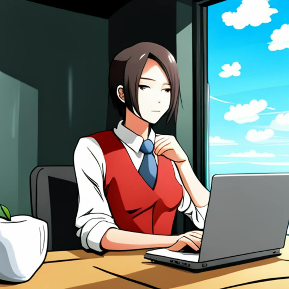 Anime Office Girl In From Of Her Laptop