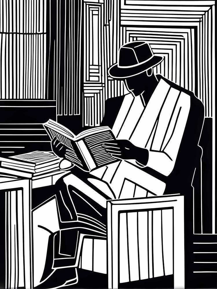 Lion cut inspired Black and white Stylized portrait of a Person reading a book, reading art, book worm, Reader 184