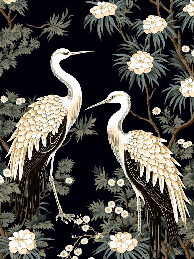 Black And White Cranes 5 Vintage Japanese Botanical
