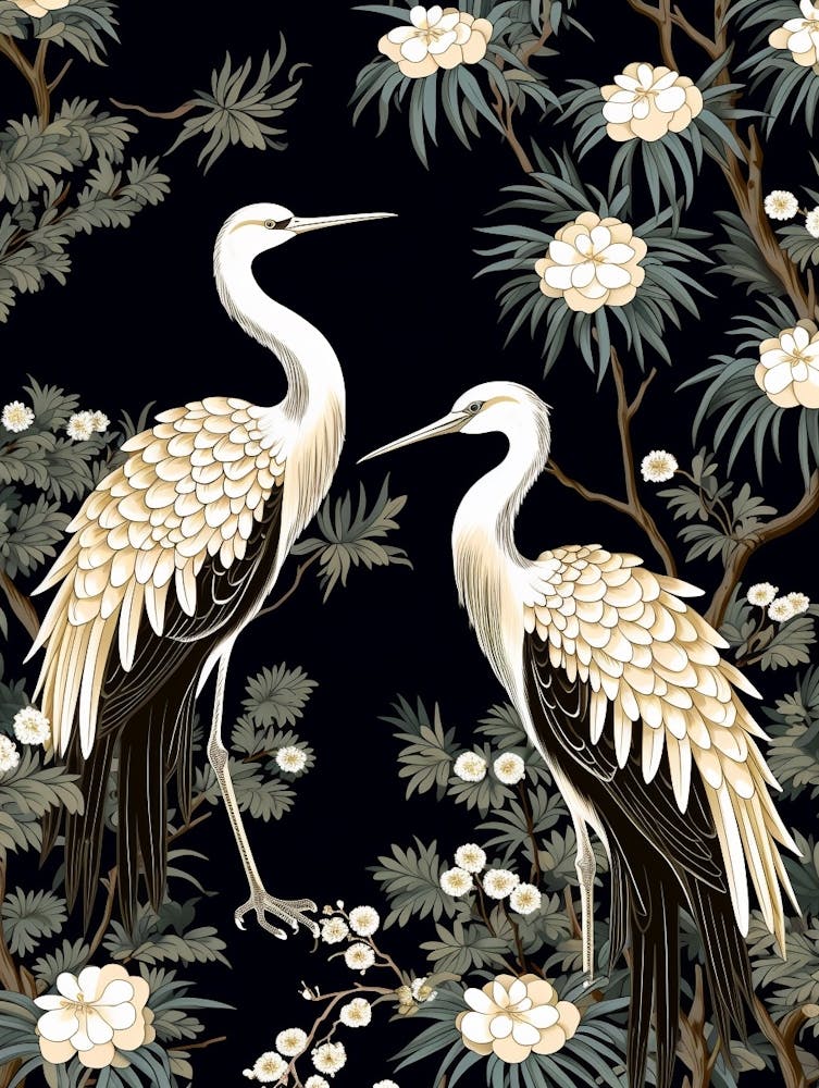 Black And White Cranes 5 Vintage Japanese Botanical