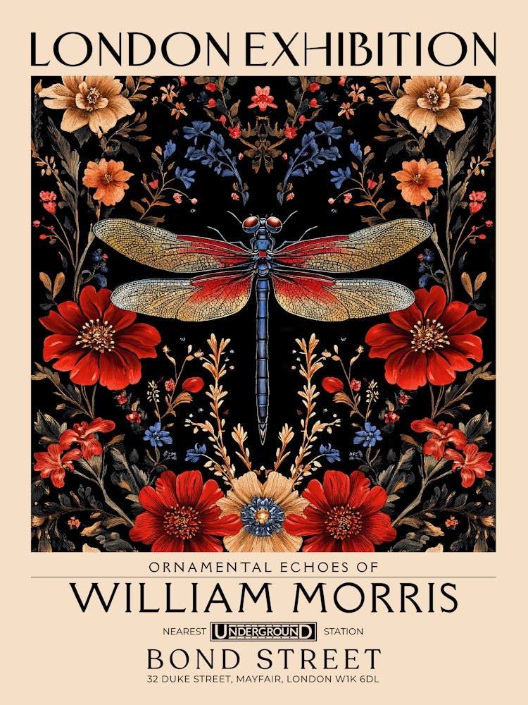 William Morris Dragonfly and floral artwork, insect and flower pattern vintage Botanical print for cottagecore, maximalist decor,floral tapestry Victorian nature illustration bedroom vintage decor 12