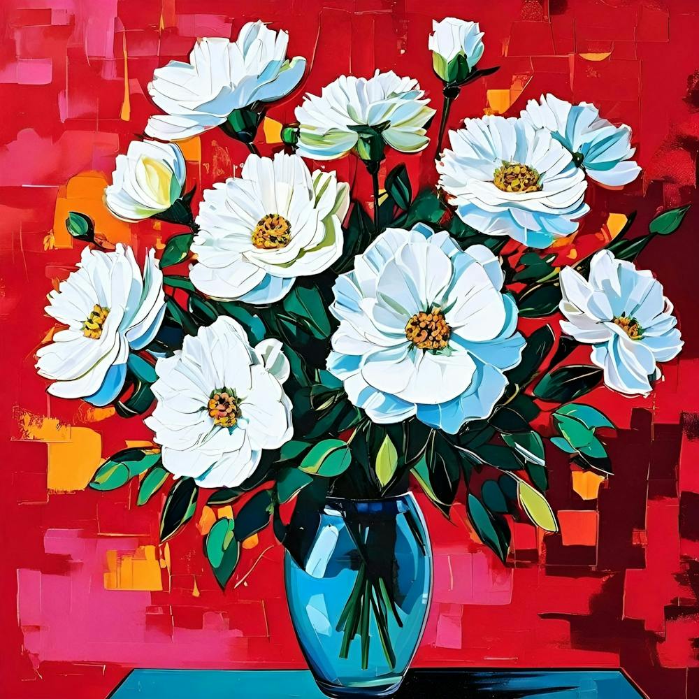 Une Peinture D'Un Bouquet De Fleurs Blanches Inspirée Du Pop Art Utilisant Des Couleurs Audacieuses Et Un Motif Contrastant (6)