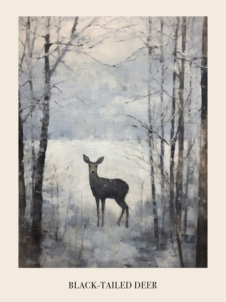 Vintage Winter Animal Painting Poster Black Tailed Deer 1