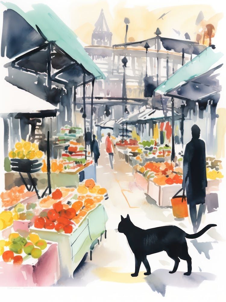 Food Market With Cats In London 2 Watercolour