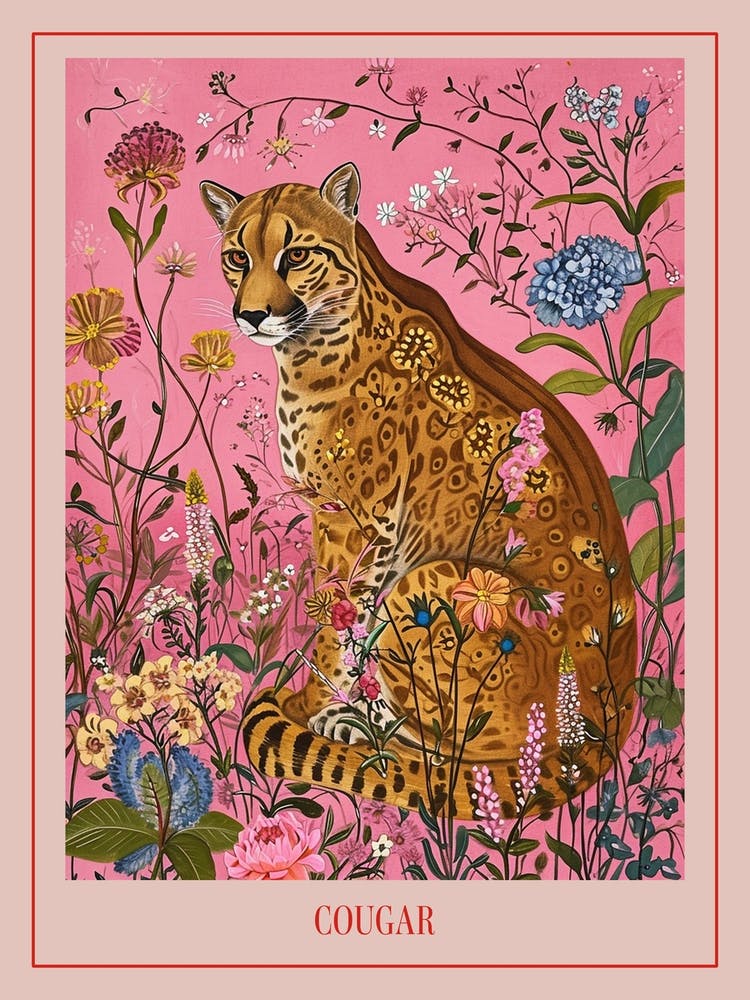 Peinture Animale Florale Couguar 1 Affiche
