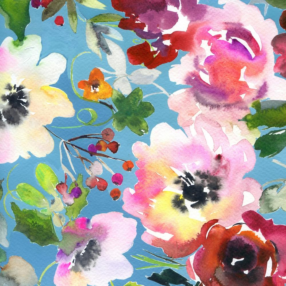 Watercolor Peonies in Turquoise