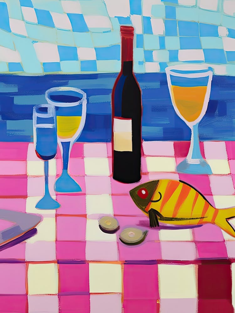 Peinture d'une Table Avec Nourriture et Vin, Vue sur la Côte d'Azur, Nappe à Carreaux, Style Matisse 3