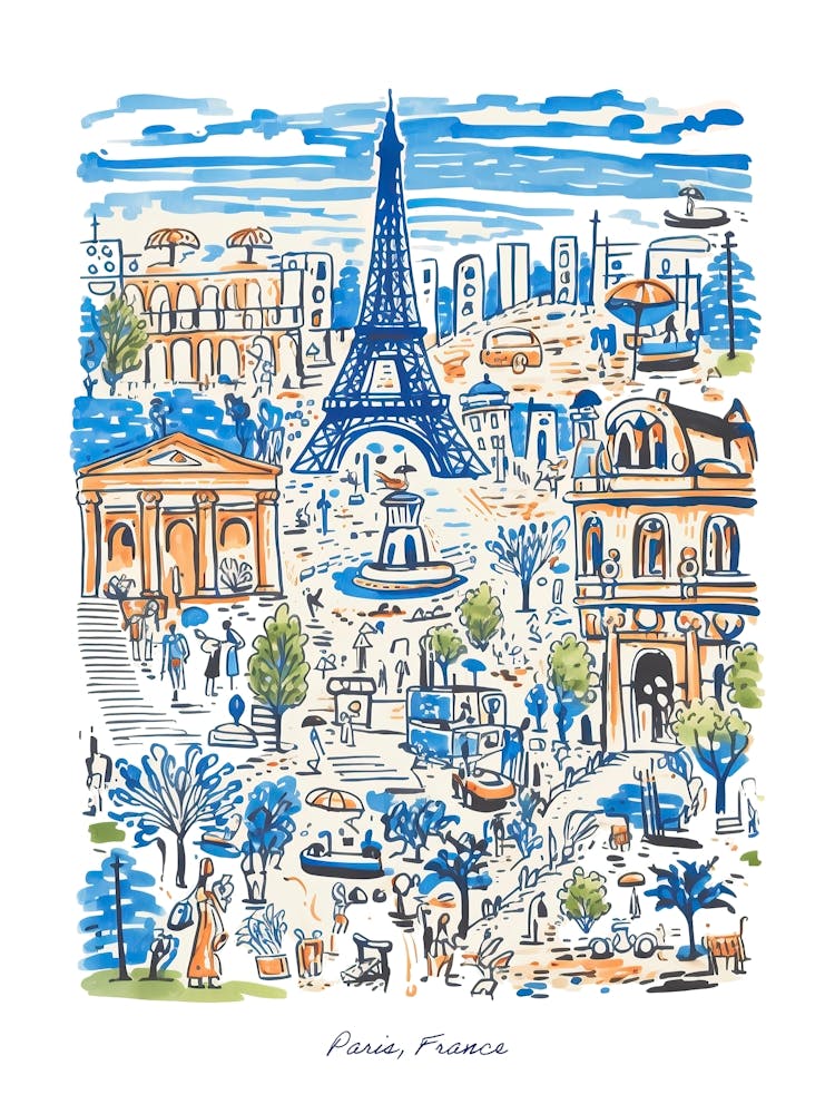 Paris France Eiffel Tower Illustration Line Art Travel Blue