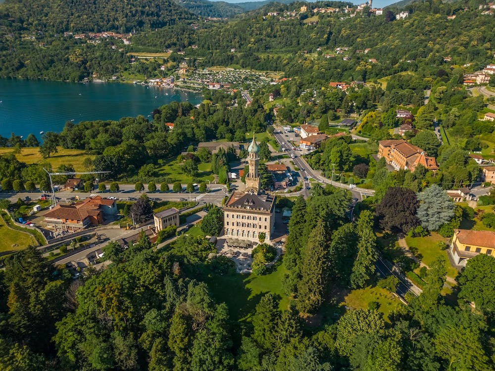 Beautiful villas on Lake Orta. Aerial photography.