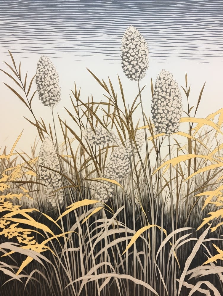 Fujibakama Japanisches Silbergras 4 Vintage Botanischer Holzstich