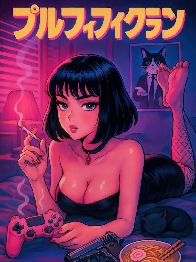 Anime Pulp Fiction Gamer Girl Movie Poster: A sexy anime waifu with black hair, fishnet, and cleavage channels Mia Wallace in this neon pink gaming scene. Mixing hentai, boobs, feet, and ramen with Tarantino movie flair – perfect for your bedroom, manga style meets pop culture parody.
