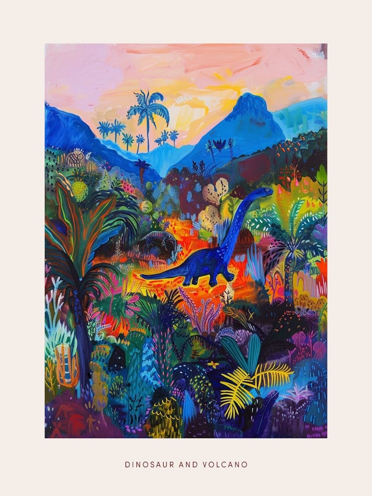 Dinosaur & The Volcano Painting 1 Poster