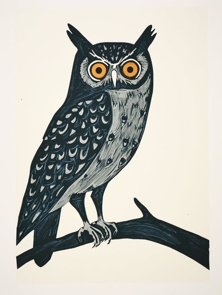 Burmese Fish Owl Linocut Blockprint 1