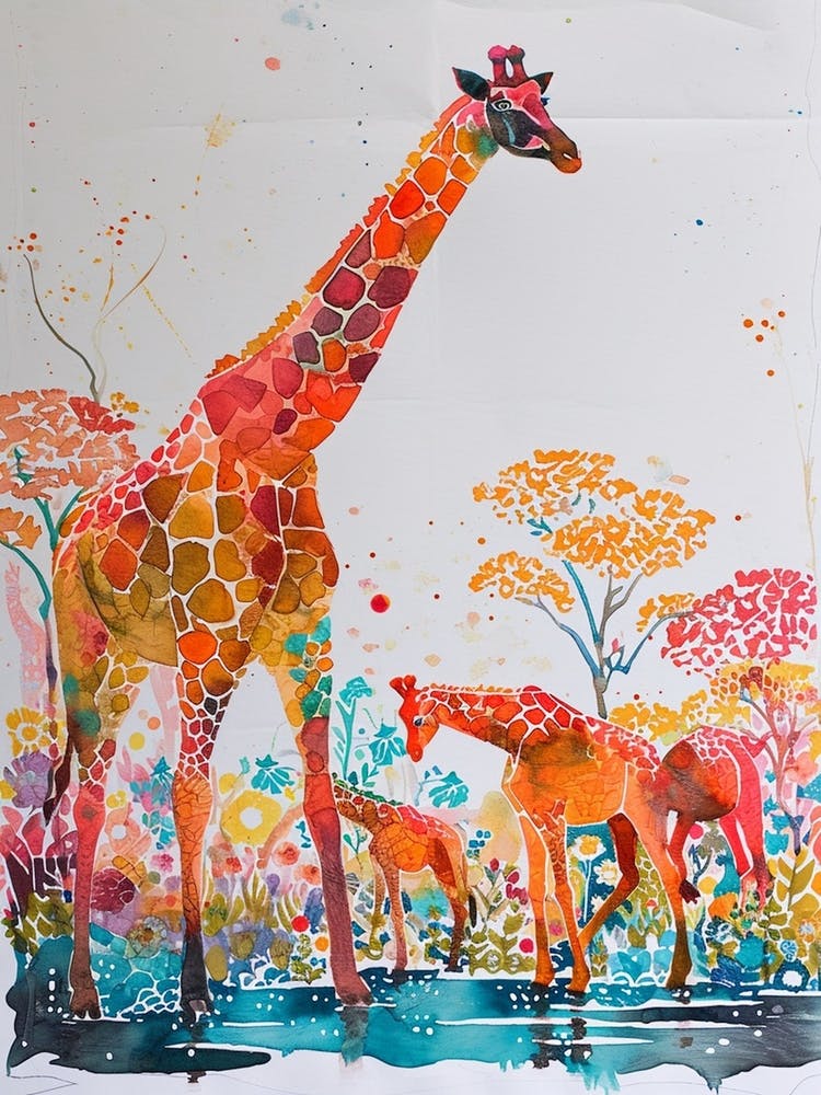 Herd Of Giraffe In The Water Watercolour 3