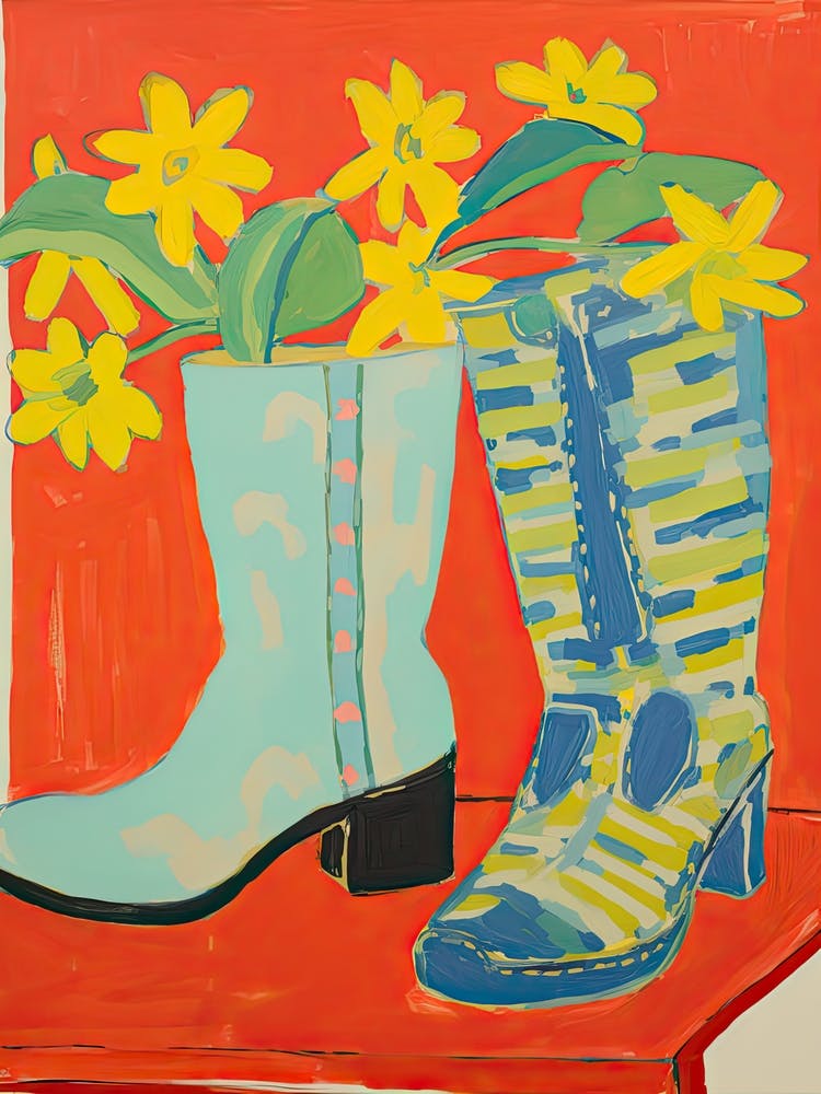 Painting Of Yellow Flowers And Cowboy Boots, Oil Style  1