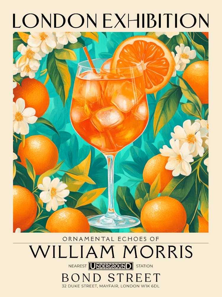 Aperol Spritz cocktail print William Morris style maximalist floral art, summer inspired drink wall art vintage botanical still life eclectic decor for bar cart, living room, kitchen, dining room 21