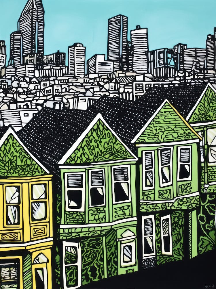 Painted Ladies San Francisco Linocut Illustration Style 4