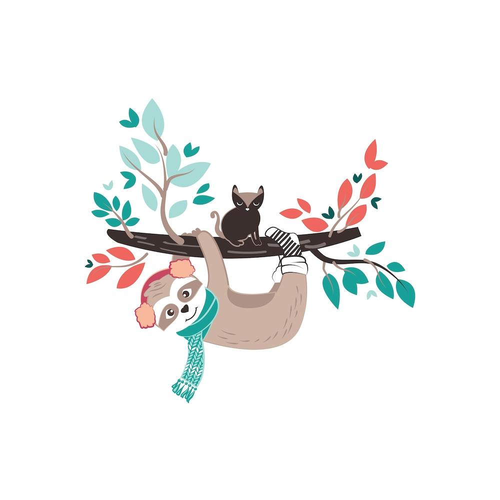 SHygge sloth // winter cozy cute animal hanging from a tree kids room nursery with cat