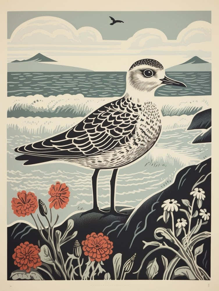 Vintage Bird Linocut Grey Plover 4