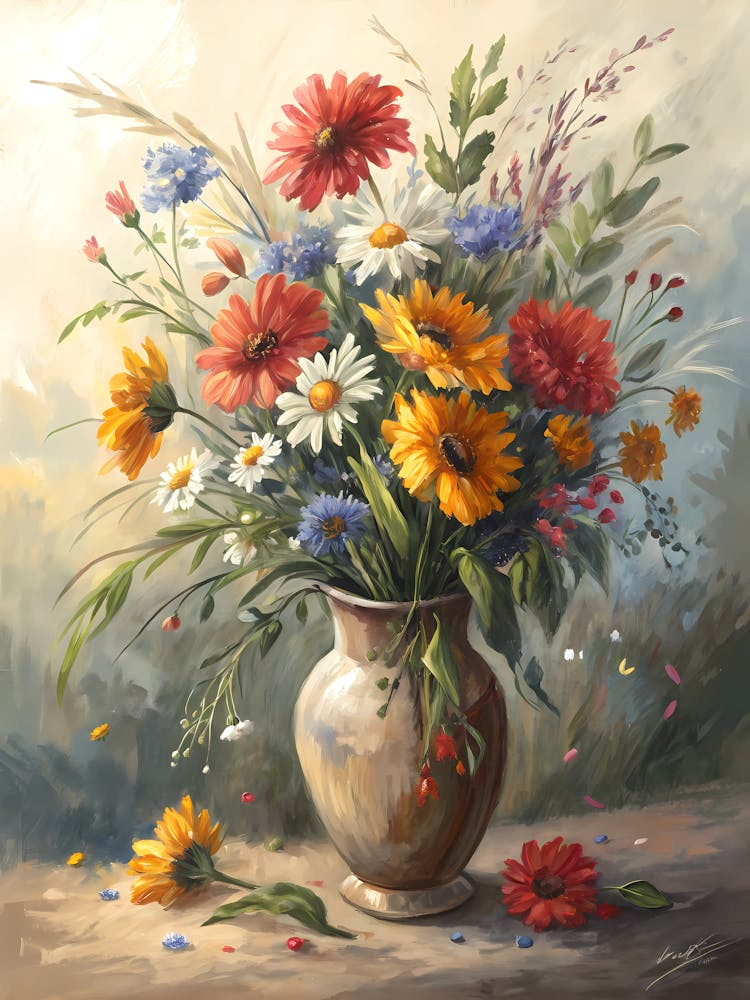 Vibrant Wildflower Bouquet oil Painting Colorful Floral Still Life in a Vase