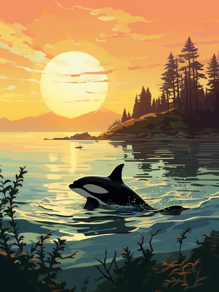 Modern Orca Whale Graphic Design Style In Sunset 2