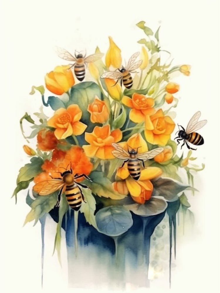 Ruche avec des Lys Illustration à l'Aquarelle 2