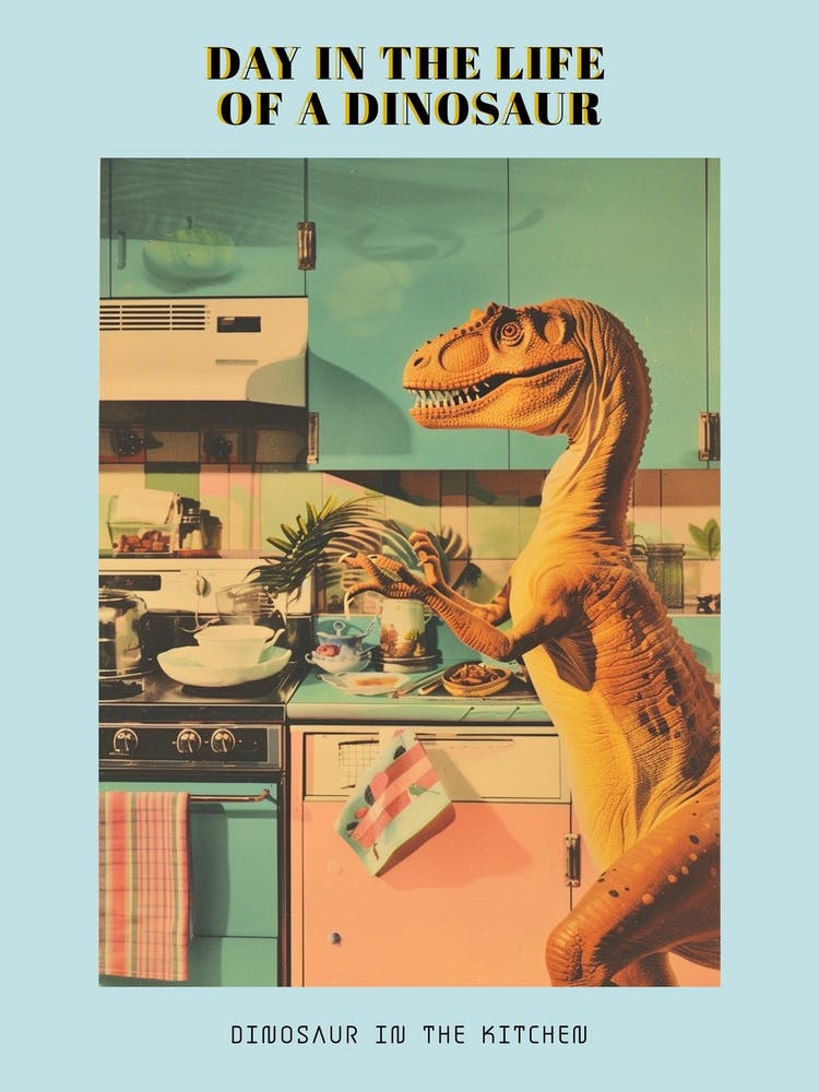 Dinosaur In The Kitchen Retro Abstract Collage 3 Poster