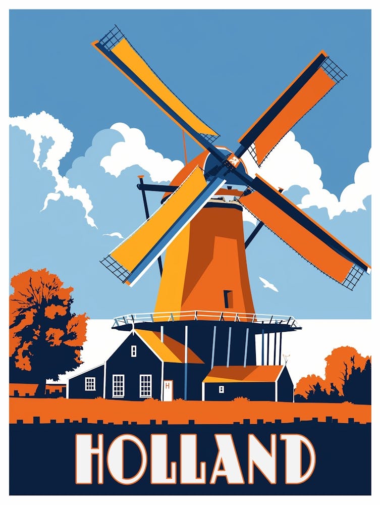 Windmills of Holland - A Vintage Travel Poster