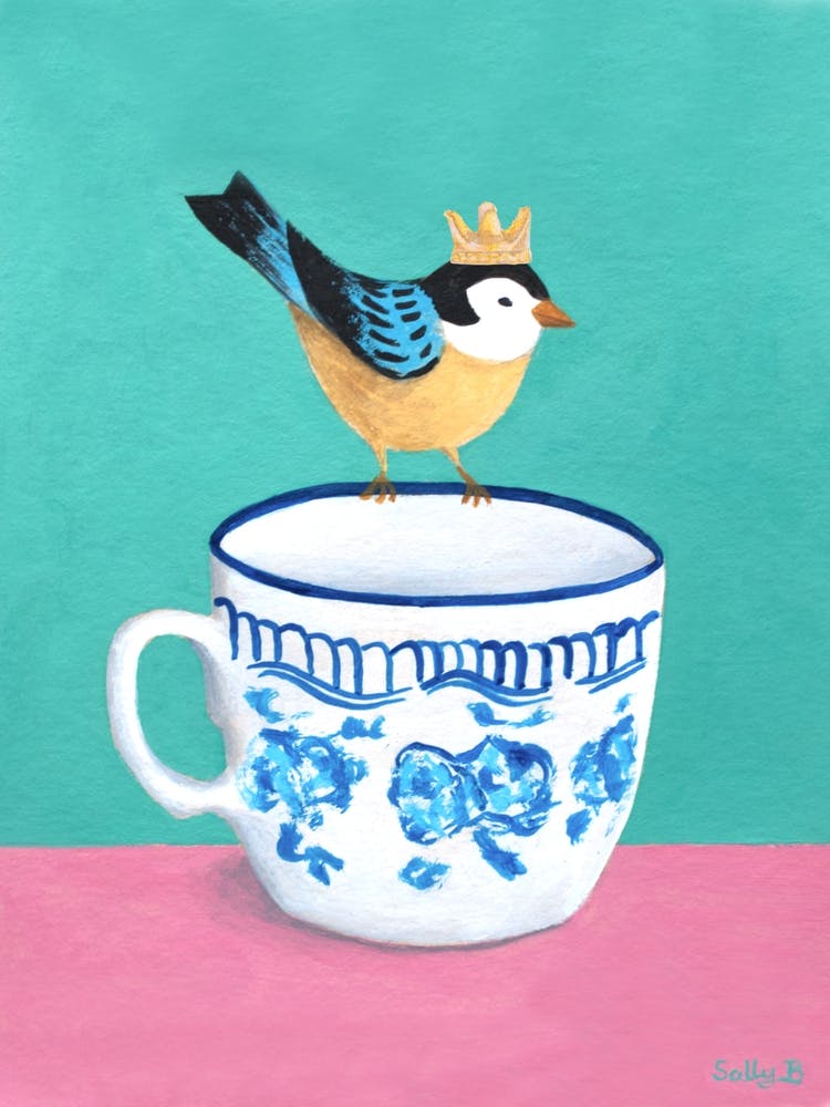 Vogel mit Krone auf Teetasse