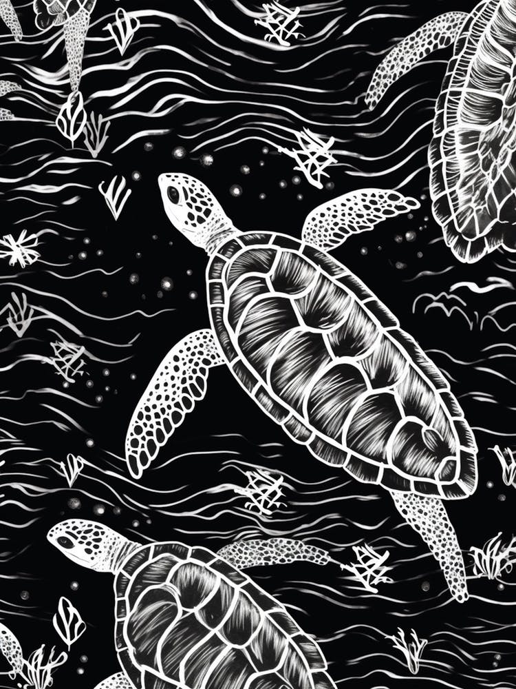Linograph Style Sea Turtle Abstract